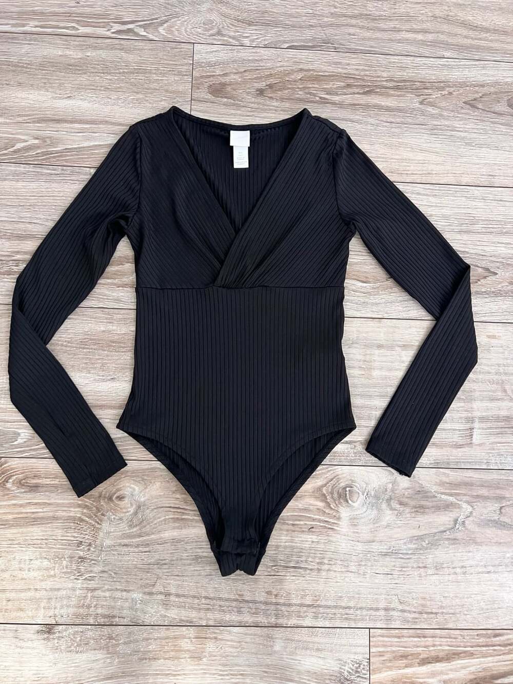 H&M Ribbed Long Sleeve Wrap Bodysuit Size S Black